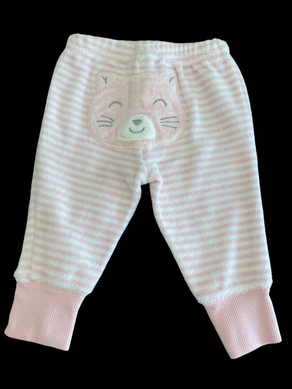 👣 10/$25 - Pink/White Striped Terry Pants w/ Kitty Face Applique